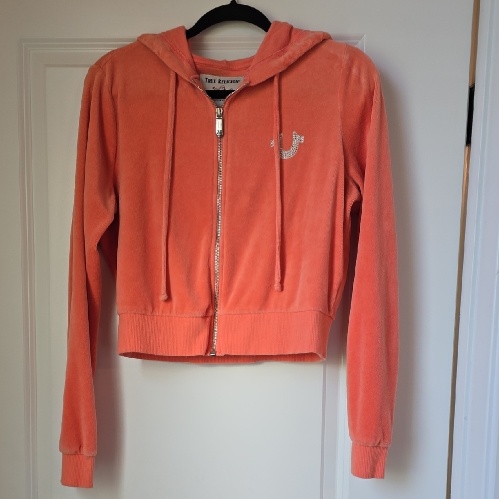 True Religion Coral Velour Zip-Up Hoodie with Rhinestone Logo